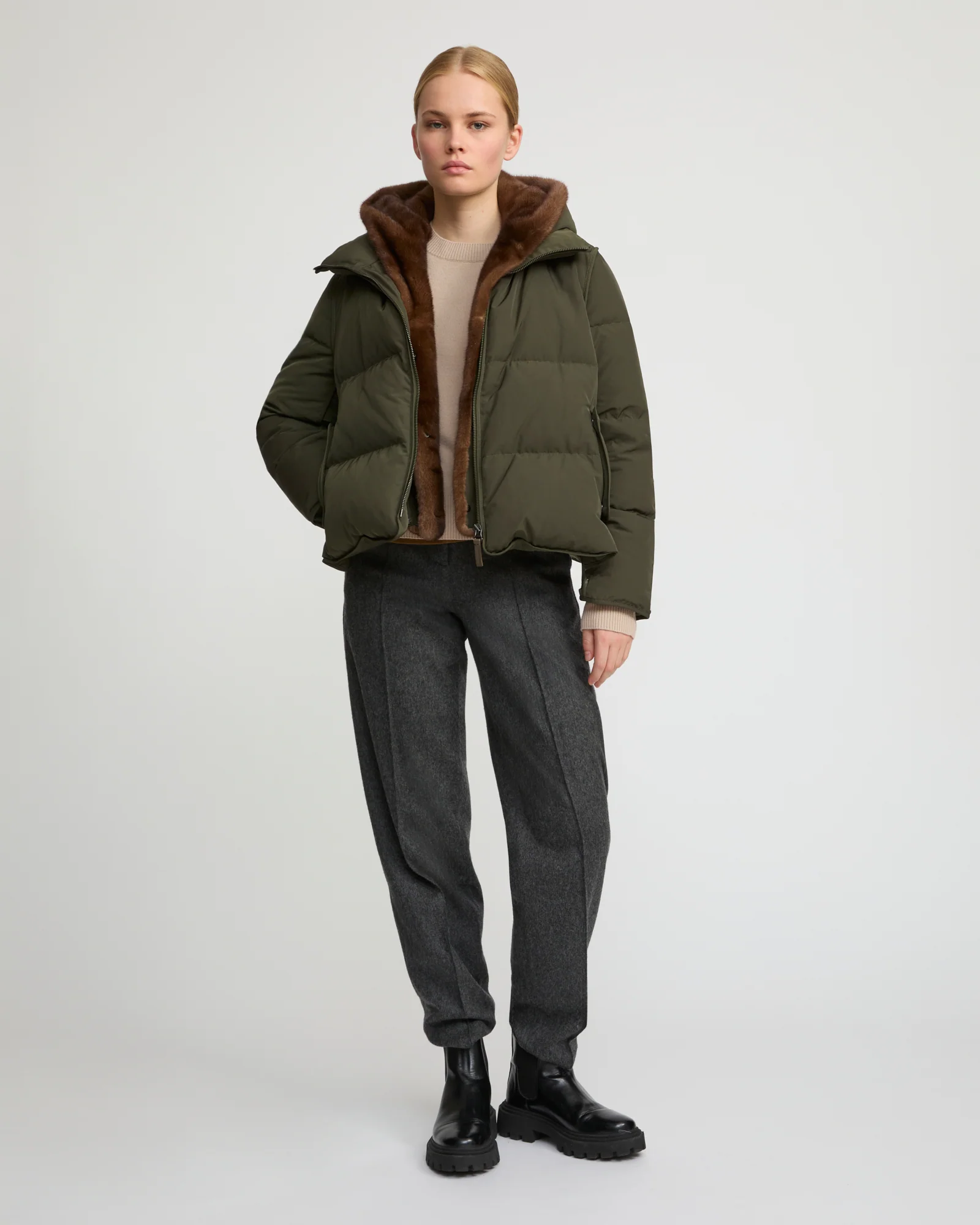 Iconic "A" line down jacke with mink fur hooded bib - Image 3
