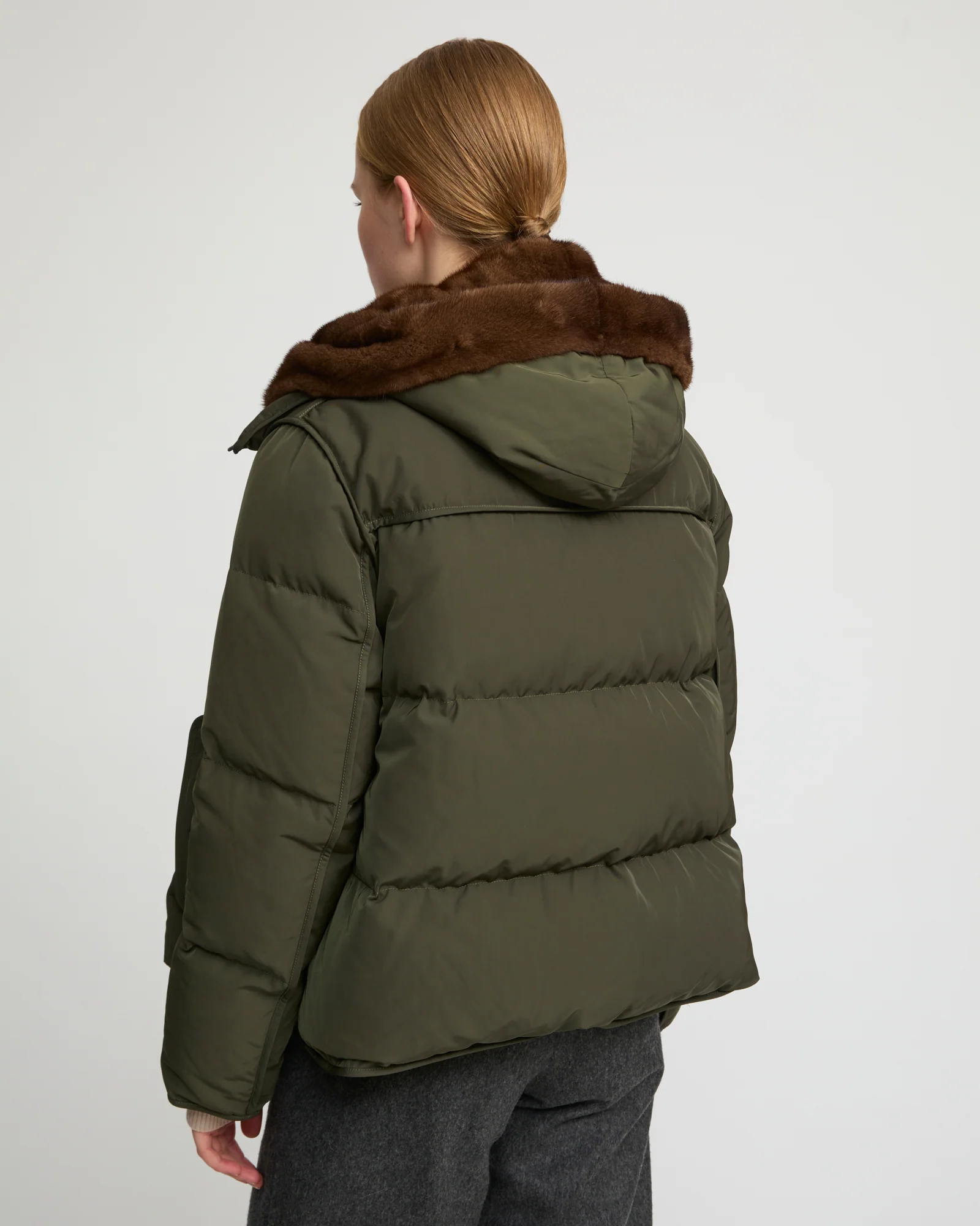Iconic "A" line down jacke with mink fur hooded bib - Image 4