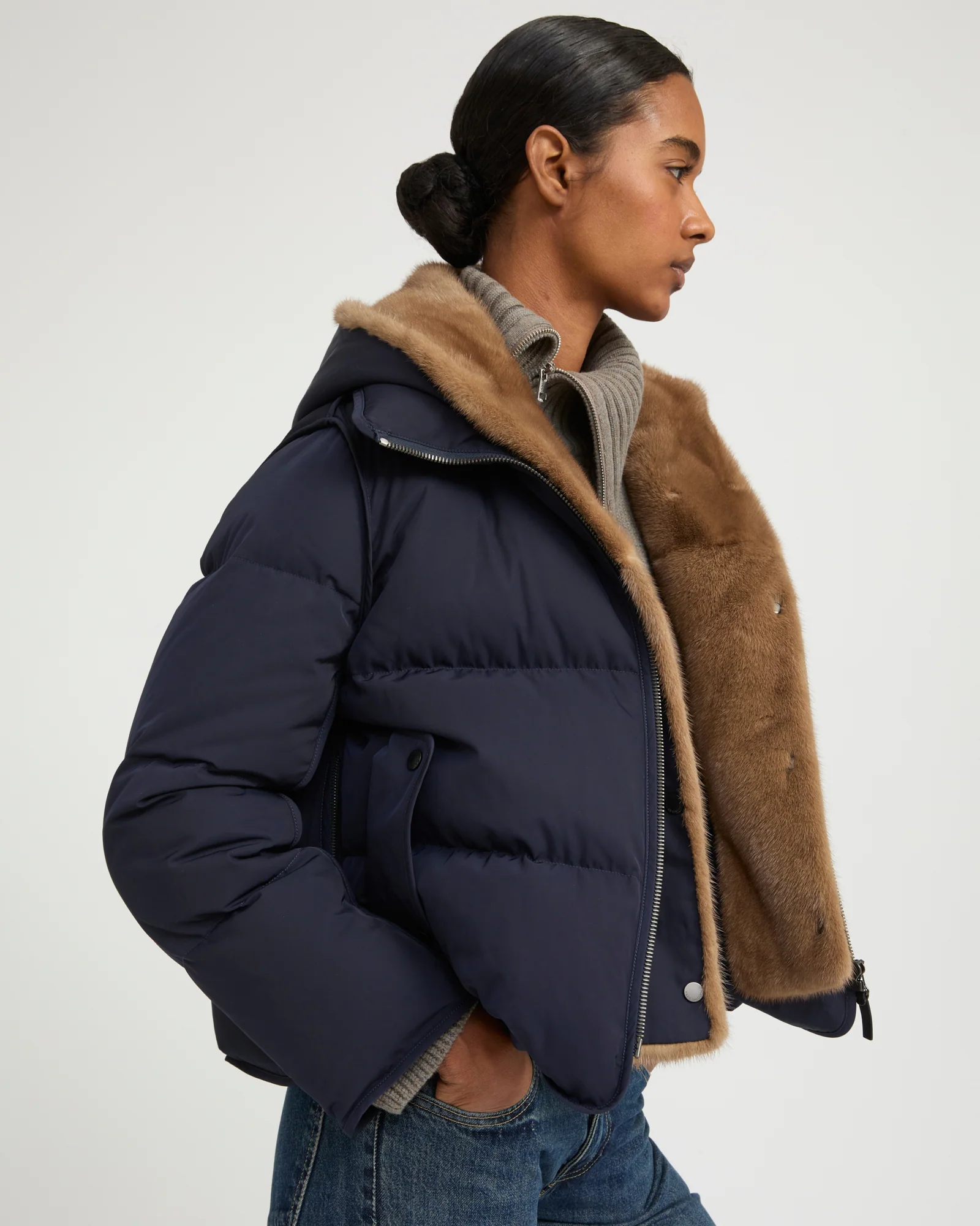 Iconic "A" line down jacket with mink fur hooded bib - Image 3