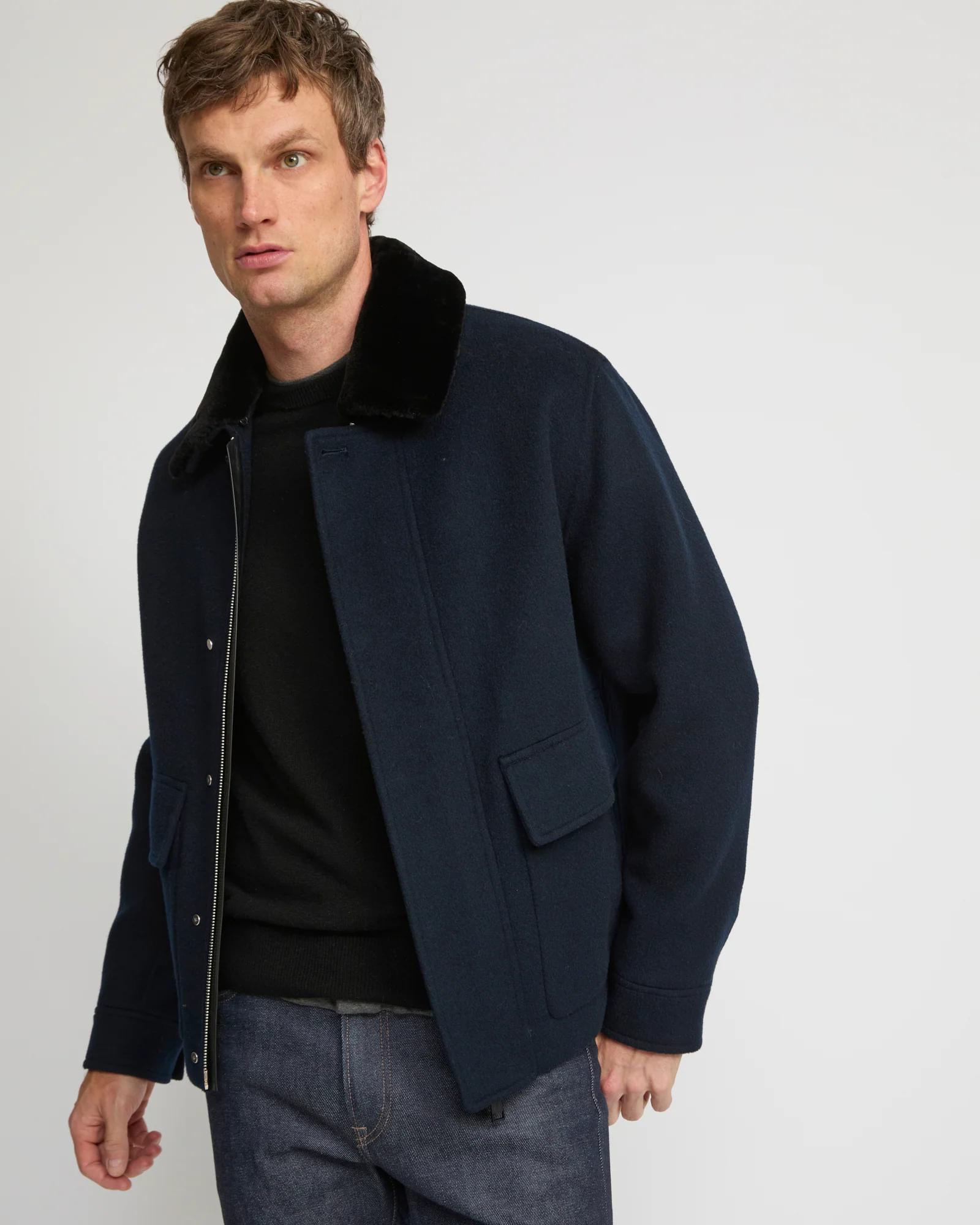 Jacket in double-sided wool-cashmere fabric with mink collar