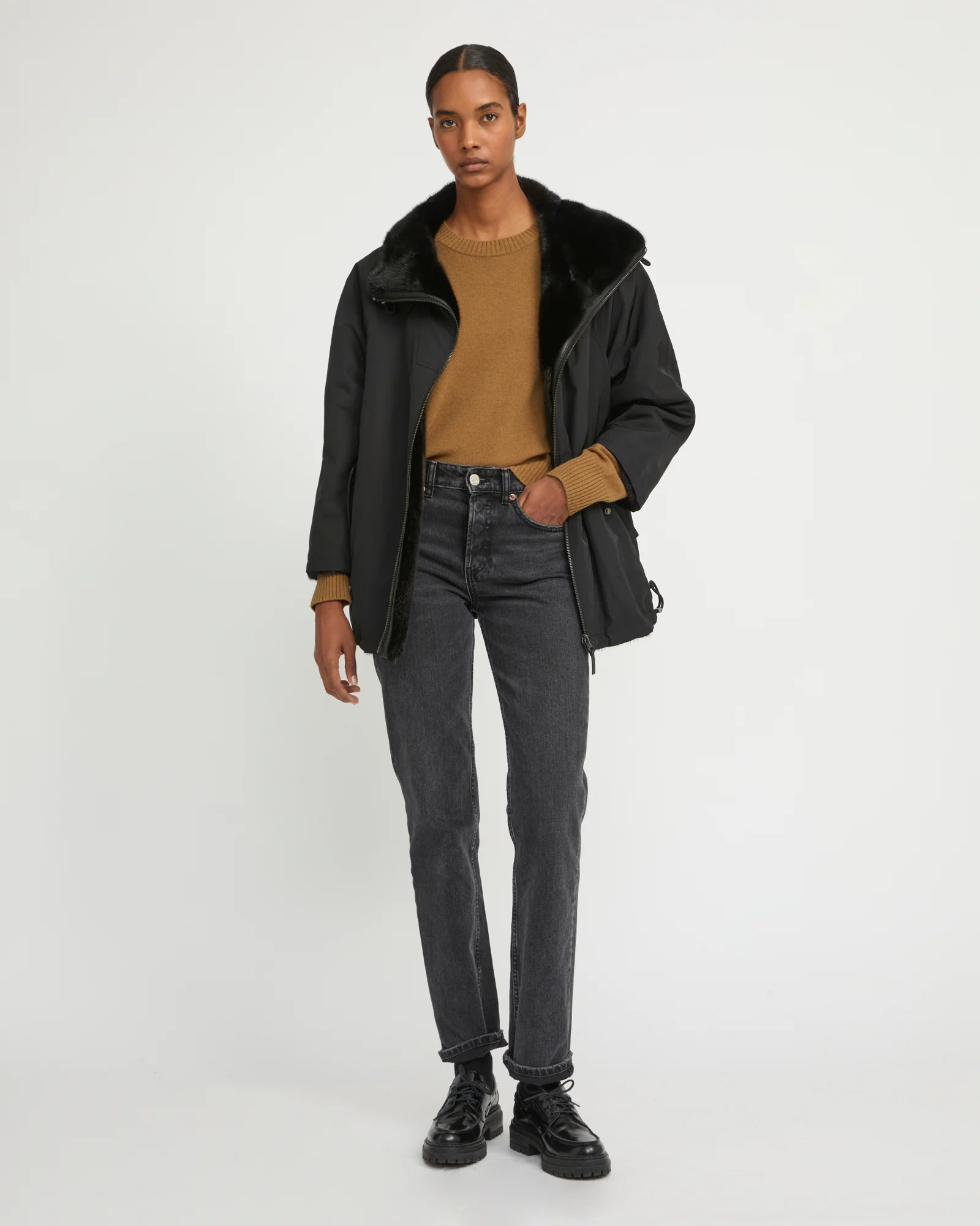 Reversible parka in mink & technical fabric with stand collar - Image 2