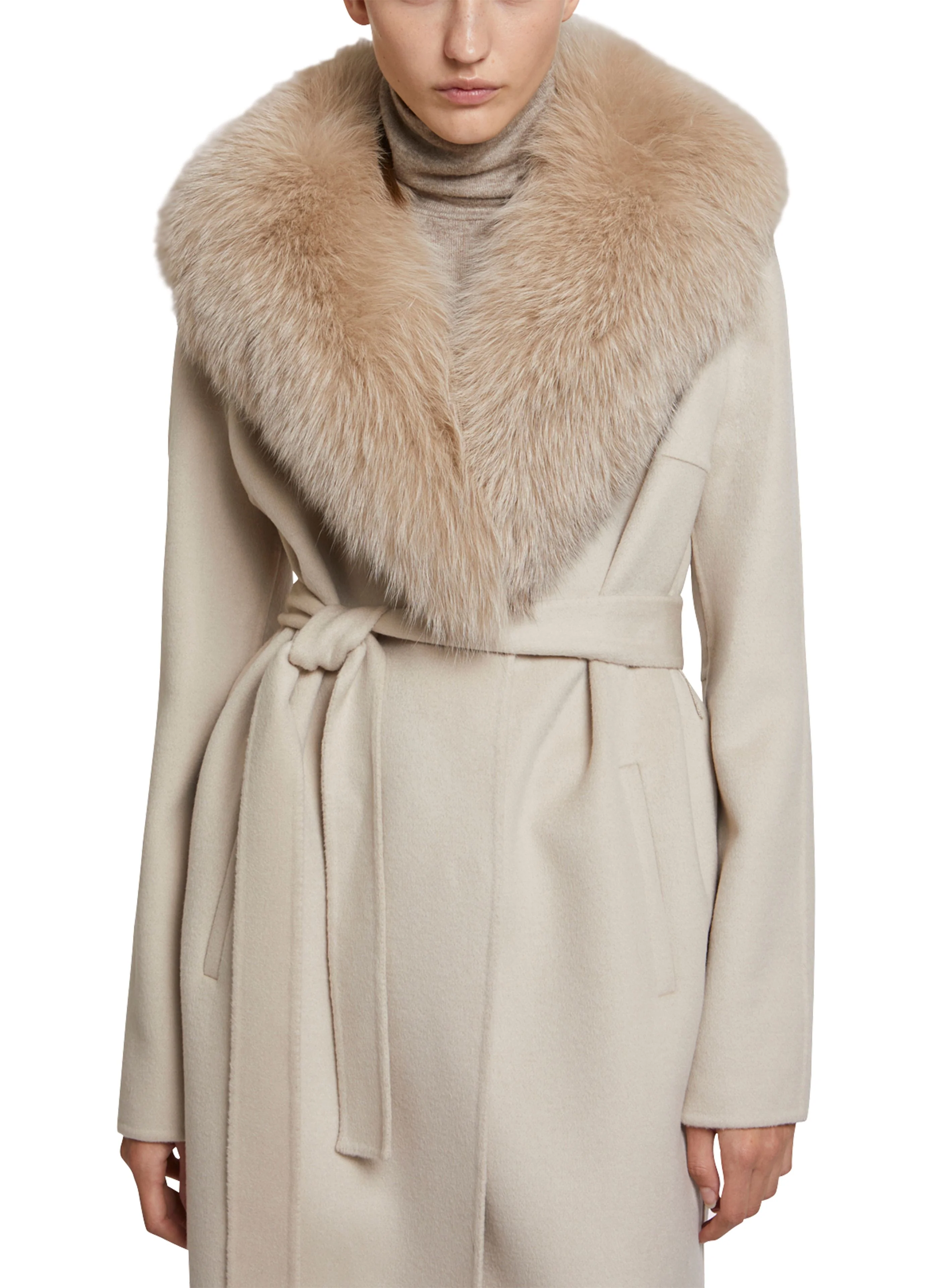 Long cashmere wool coat with fox fur collar - Image 3