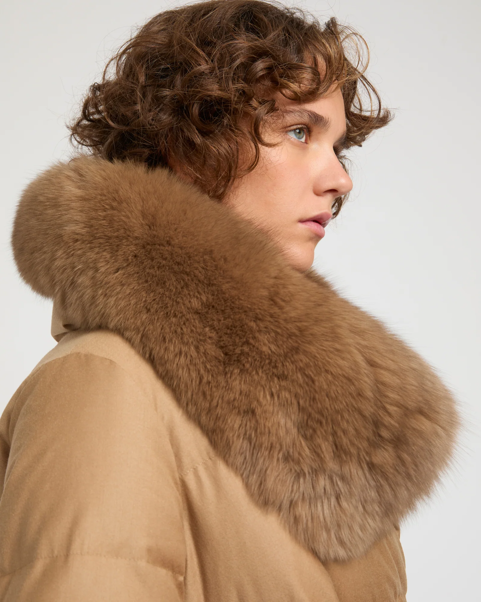 Long Down Jacket made with Loro Piana flannel with fox fur collar - Image 2