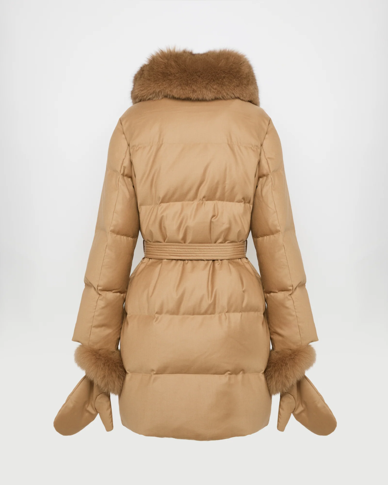 Long Down Jacket made with Loro Piana flannel with fox fur collar - Image 6