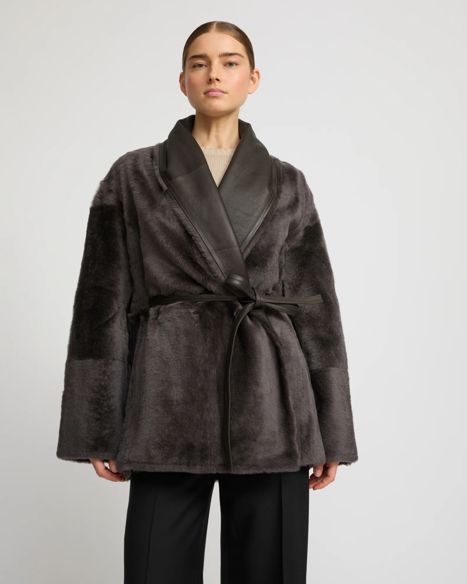 Long draped lambskin shearling jacket