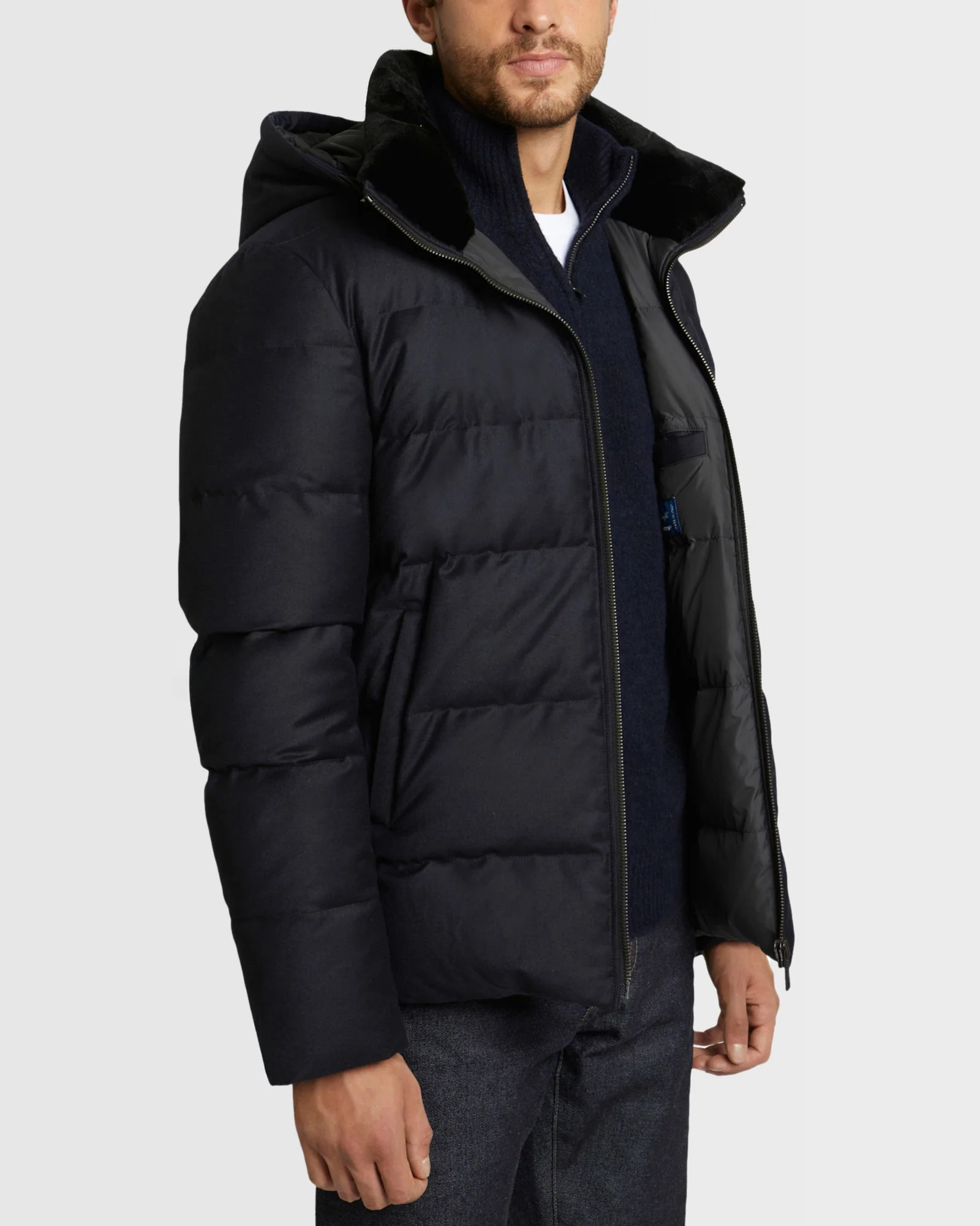 Short down jacket in Loro Piana fabric with dehaired mink fur inside collar - Image 3