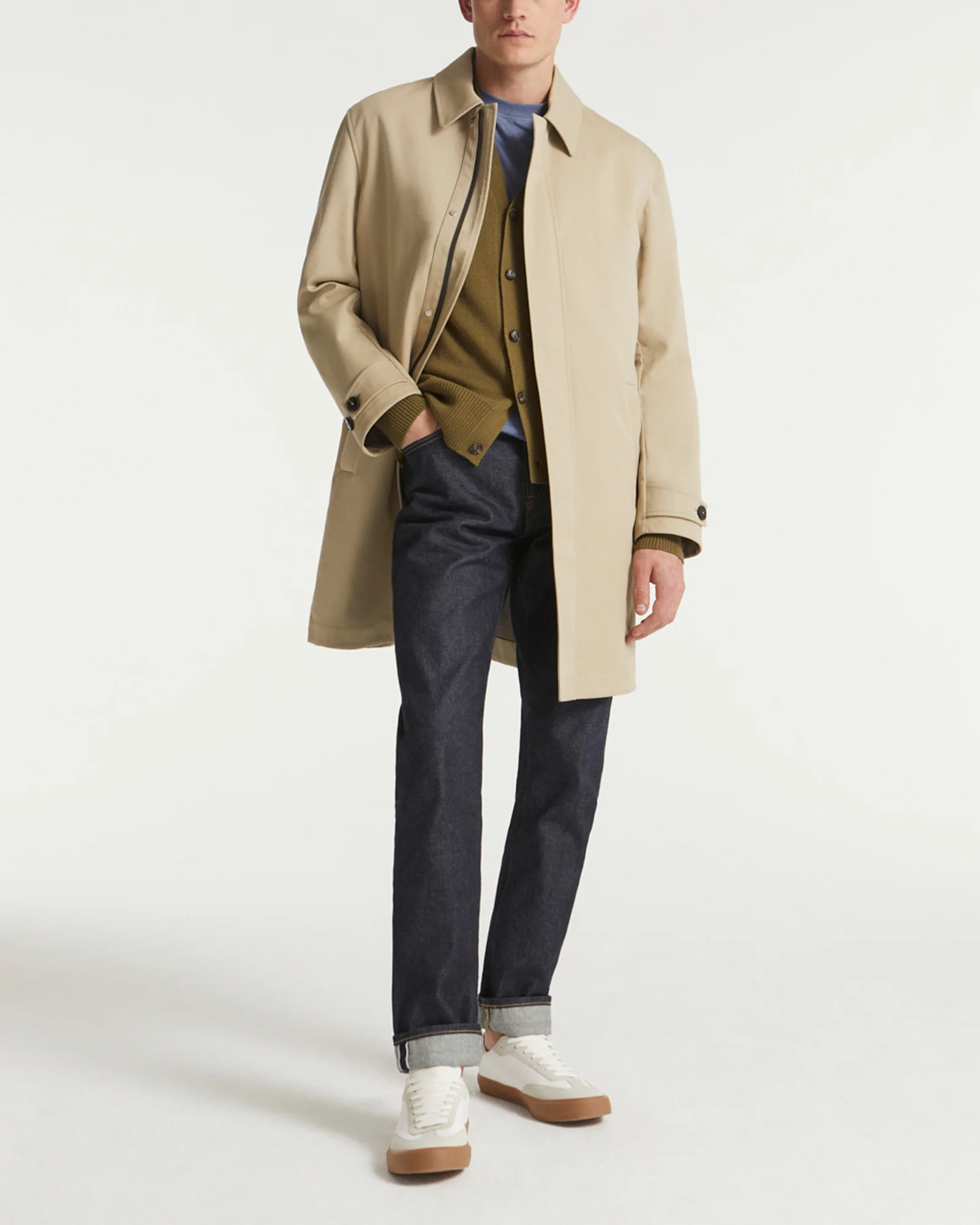Mac coat in double-sided fabric with leather details
