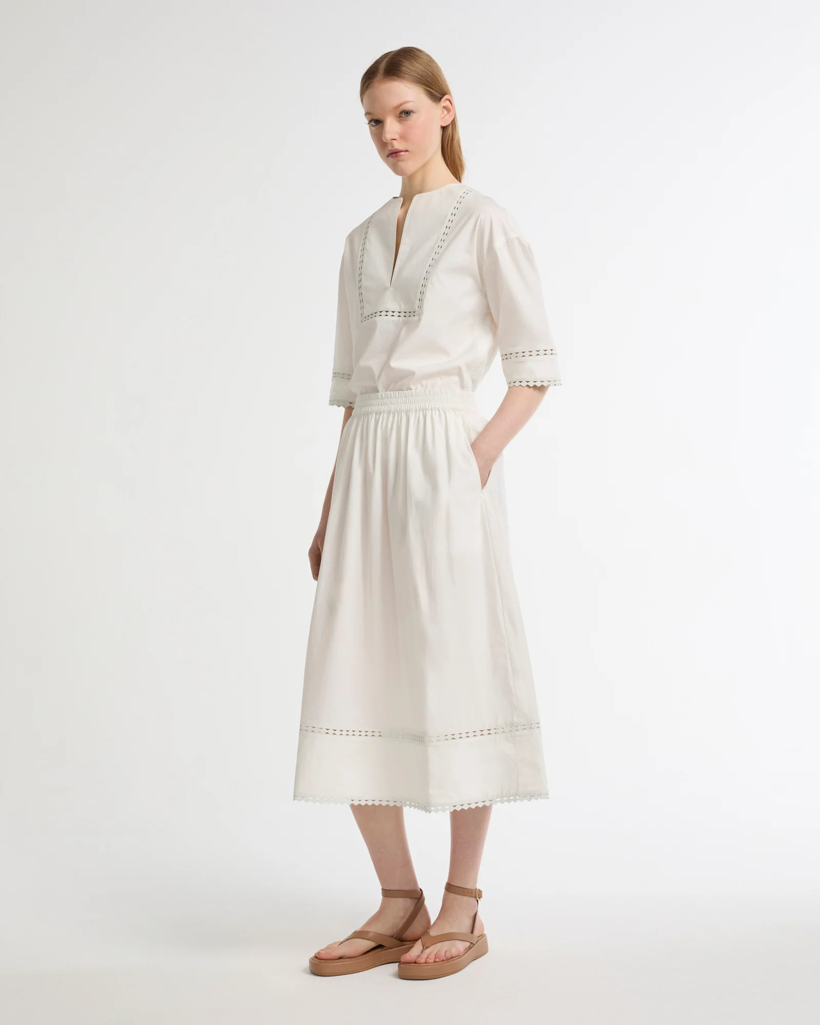 Poplin skirt with leather details