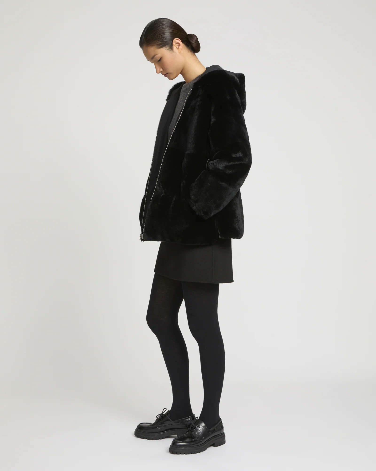 Reversible hooded jacket in rabbit rex fur and technical fabric - Image 2