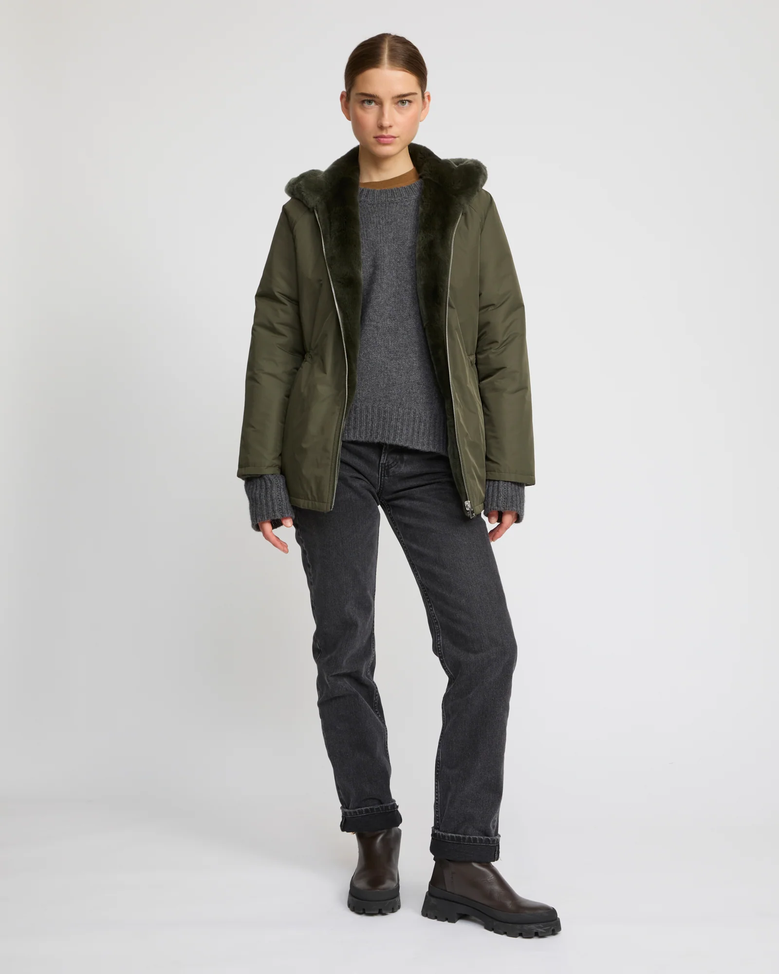 Reversible hooded jacket in rabbit rex fur and technical fabric