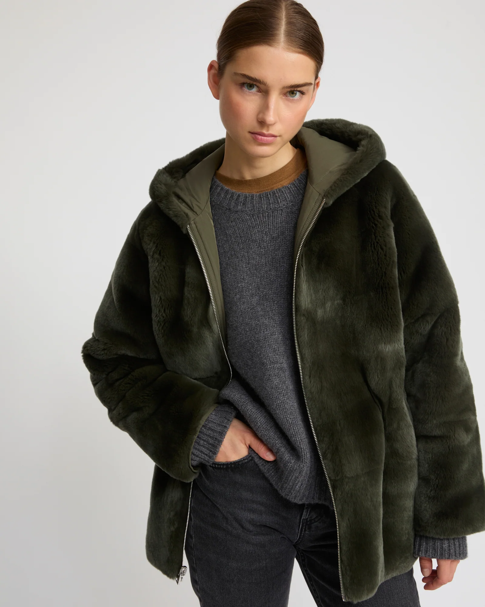 Reversible hooded jacket in rabbit rex fur and technical fabric - Image 2