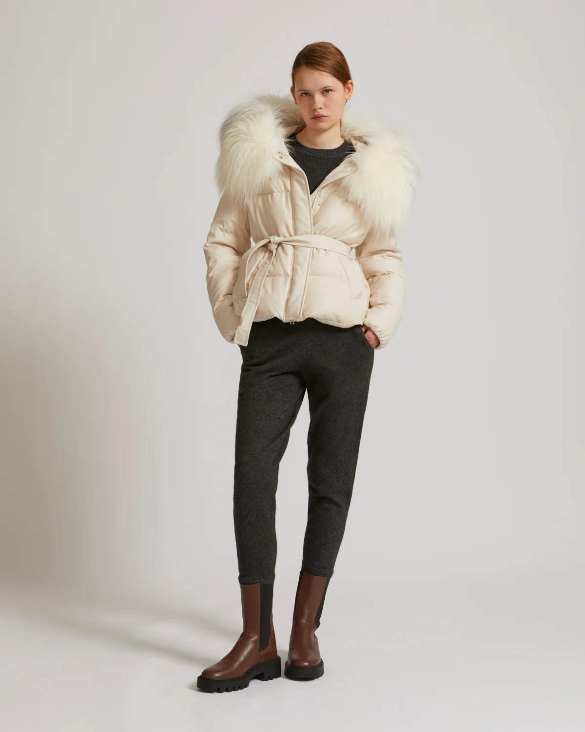 Short down jacket in waterproof flannel fabric with fox hood trim - Image 4