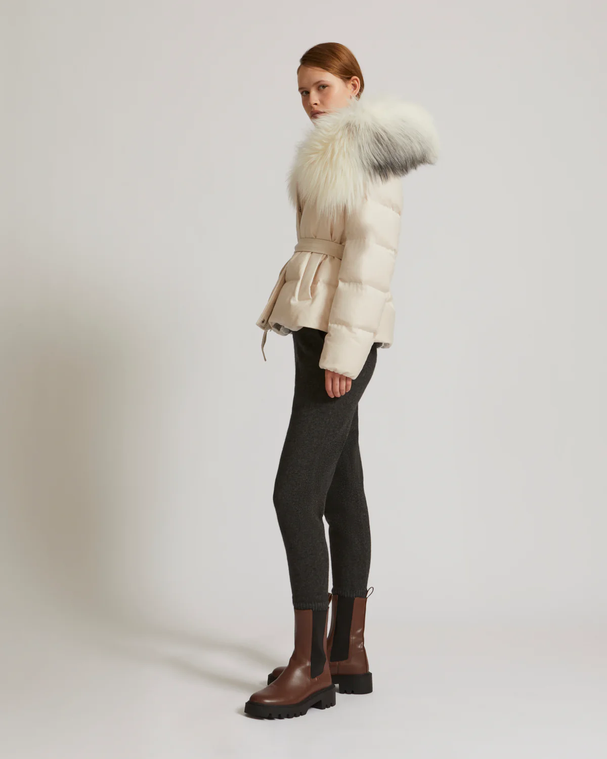Short down jacket in waterproof flannel fabric with fox hood trim - Image 5