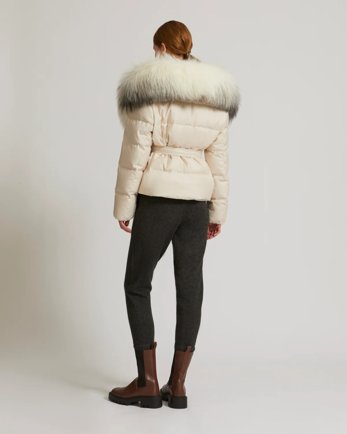 Short down jacket in waterproof flannel fabric with fox hood trim - Image 6