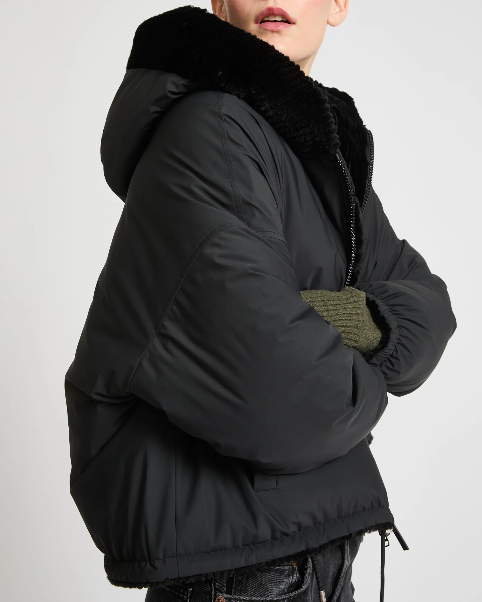 Short hooded down jacket in technical fabric reversible ribbed rex rabbit fur - Image 3
