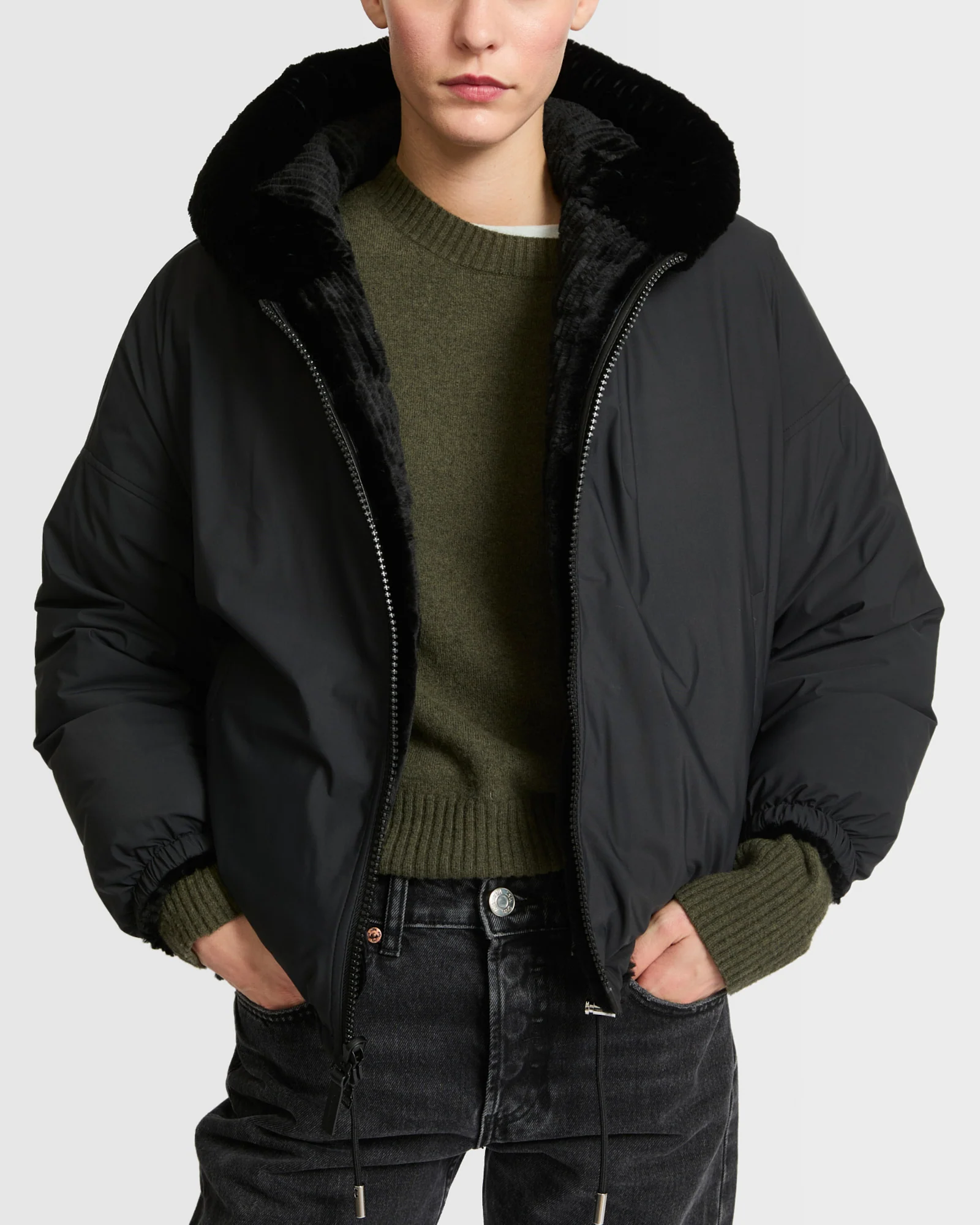 Short hooded down jacket in technical fabric reversible ribbed rex rabbit fur - Image 4