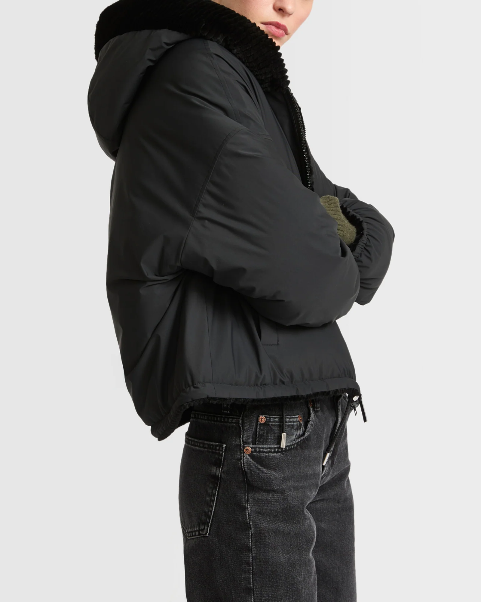 Short hooded down jacket in technical fabric reversible ribbed rex rabbit fur - Image 5