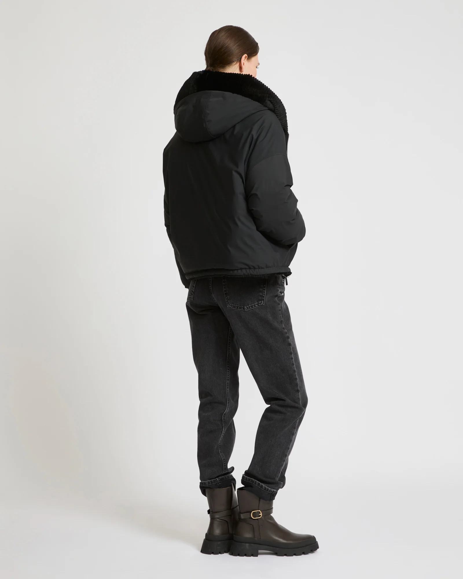 Short hooded down jacket in technical fabric reversible ribbed rex rabbit fur - Image 6
