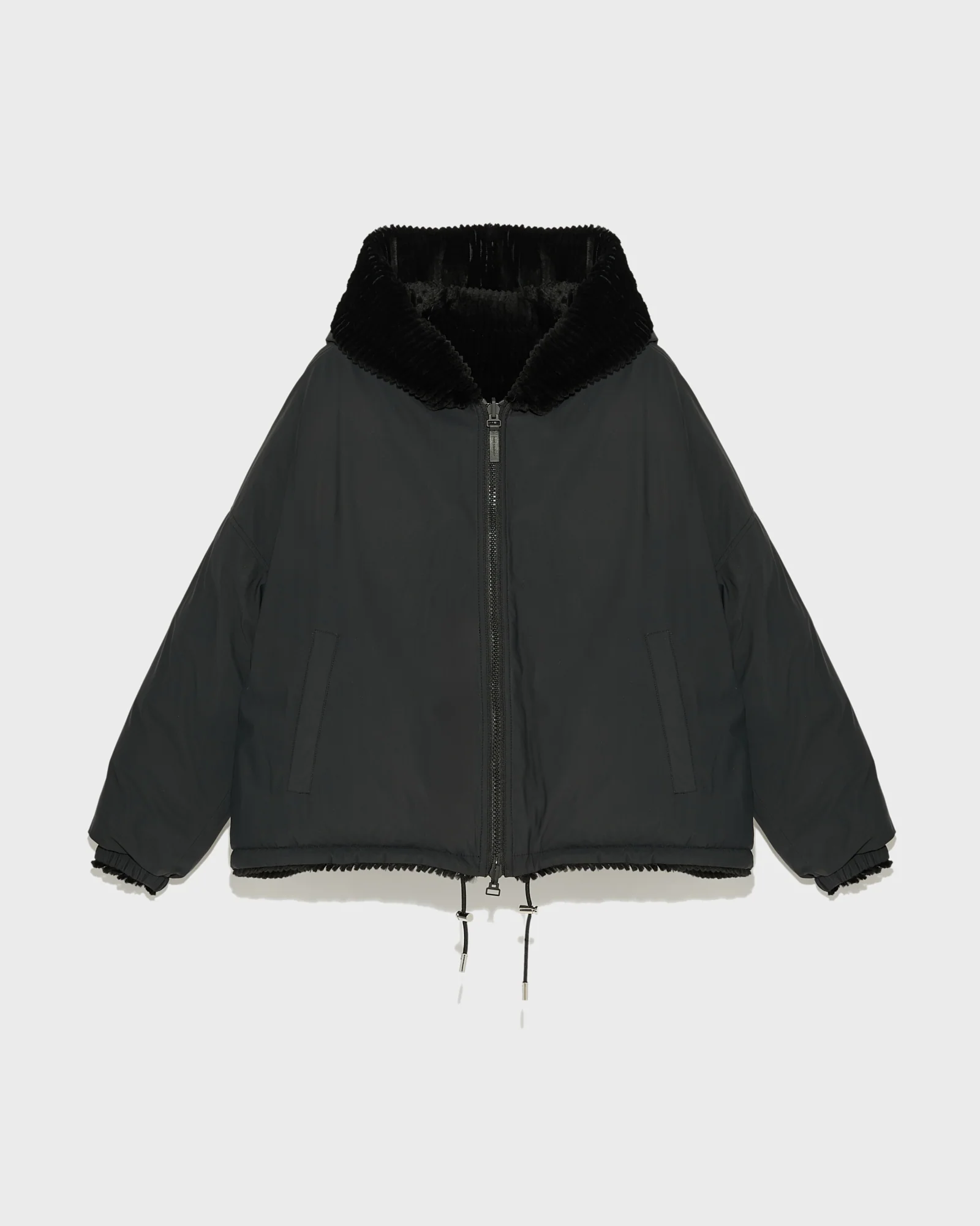 Short hooded down jacket in technical fabric reversible ribbed rex rabbit fur - Image 9
