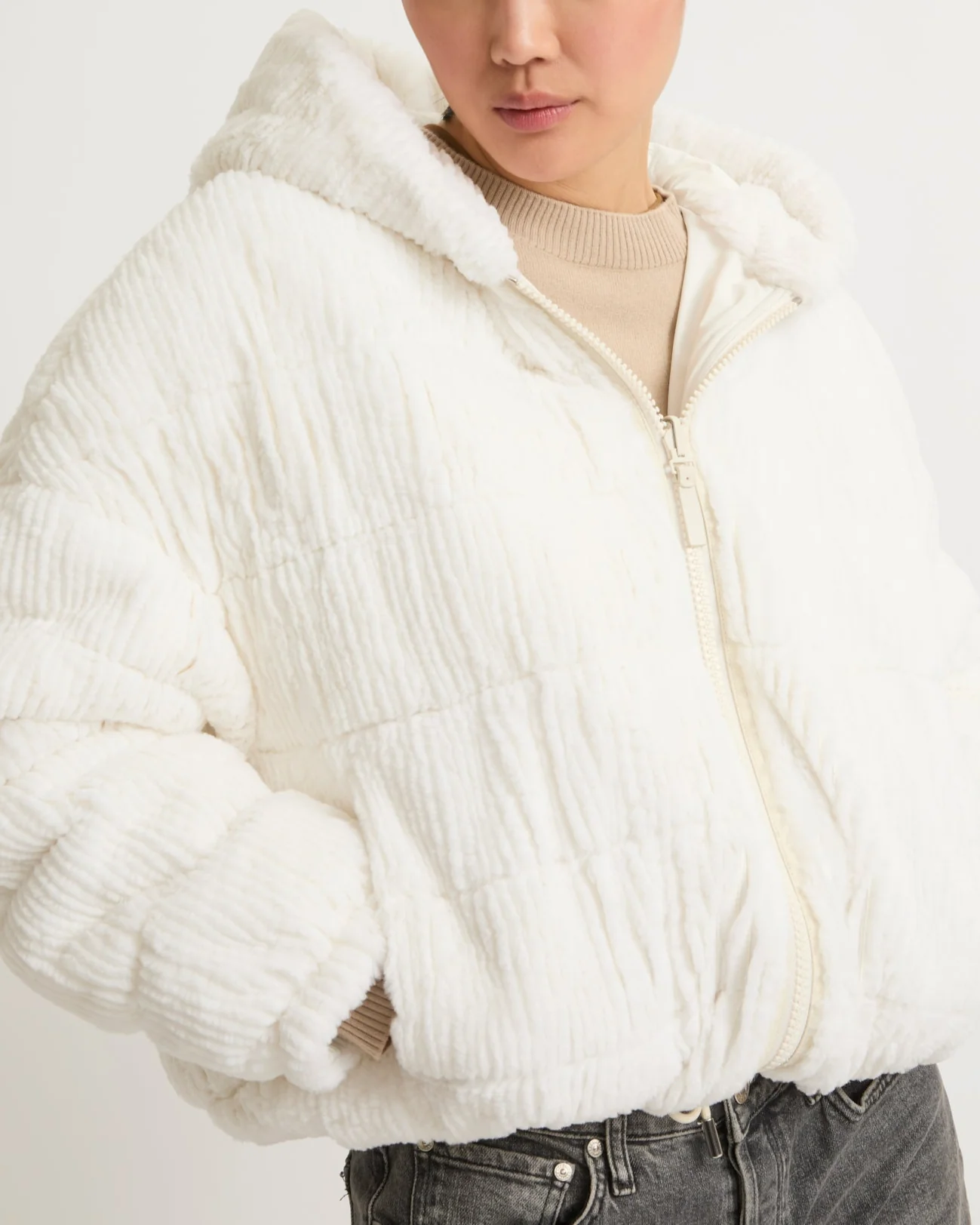 Short hooded down jacket in technical fabric reversible ribbed rex rabbit fur - Image 3