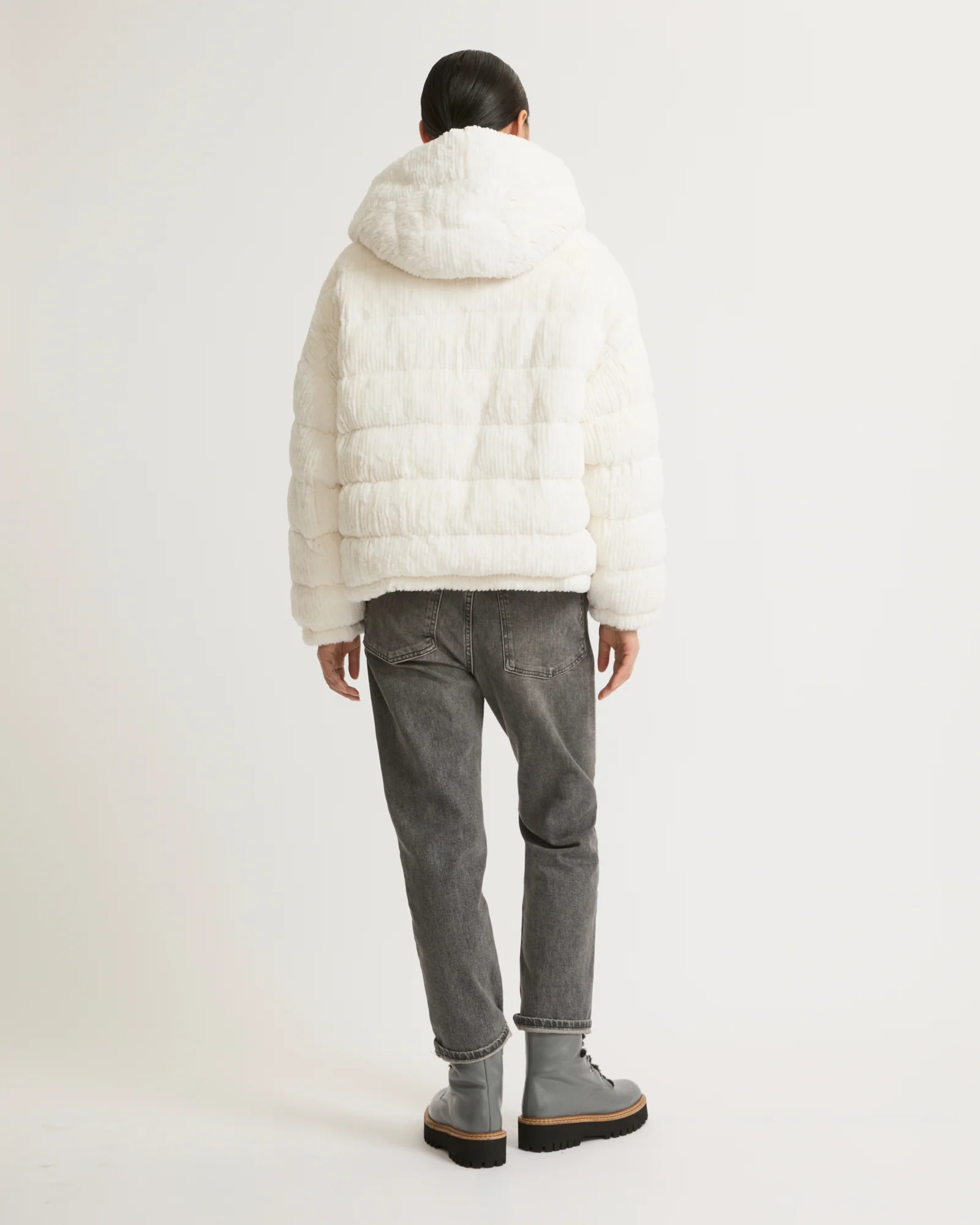 Short hooded down jacket in technical fabric reversible ribbed rex rabbit fur - Image 4