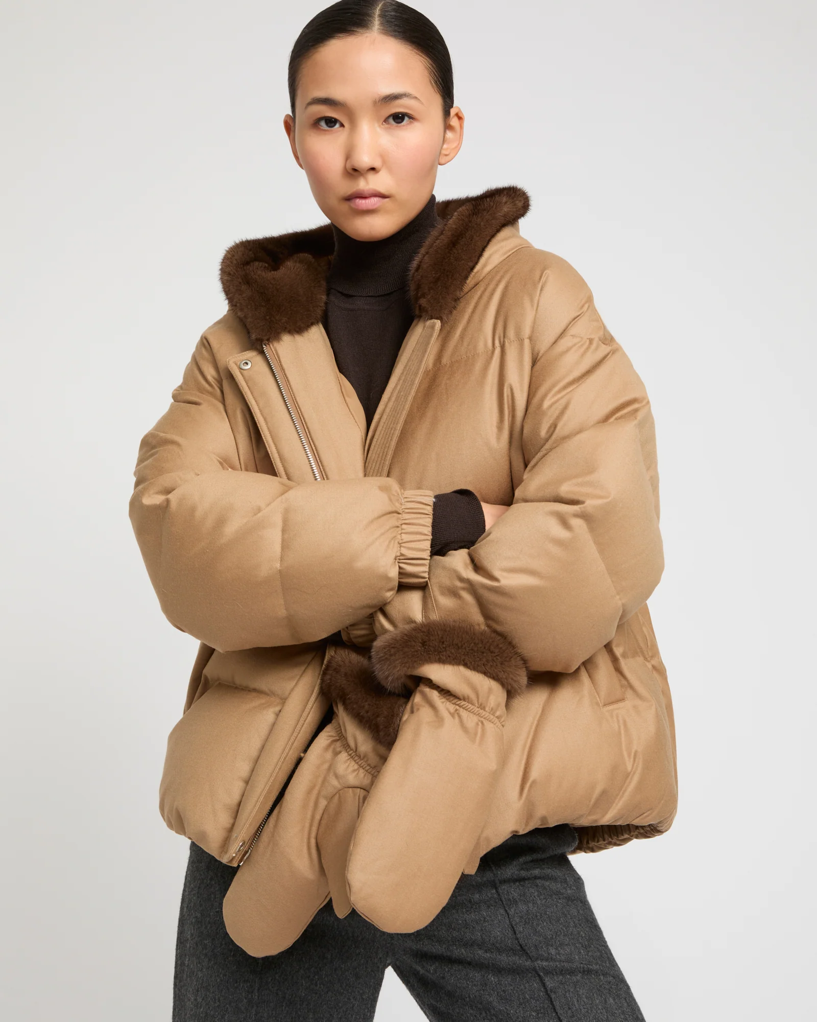 Short hooded down jacket with mink fur inner hood and removable mittens