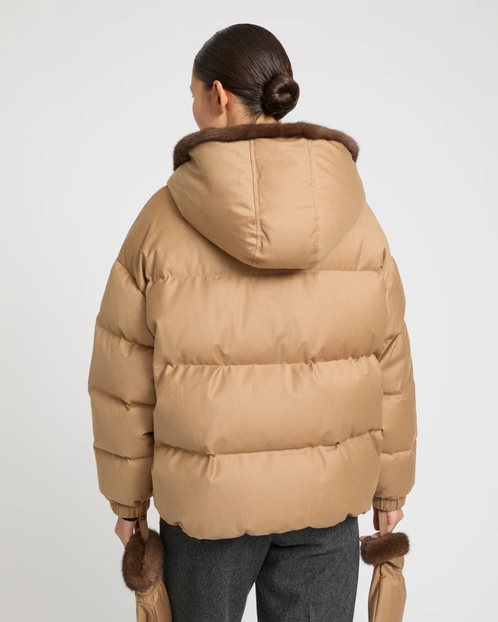 Short hooded down jacket with mink fur inner hood and removable mittens - Image 3