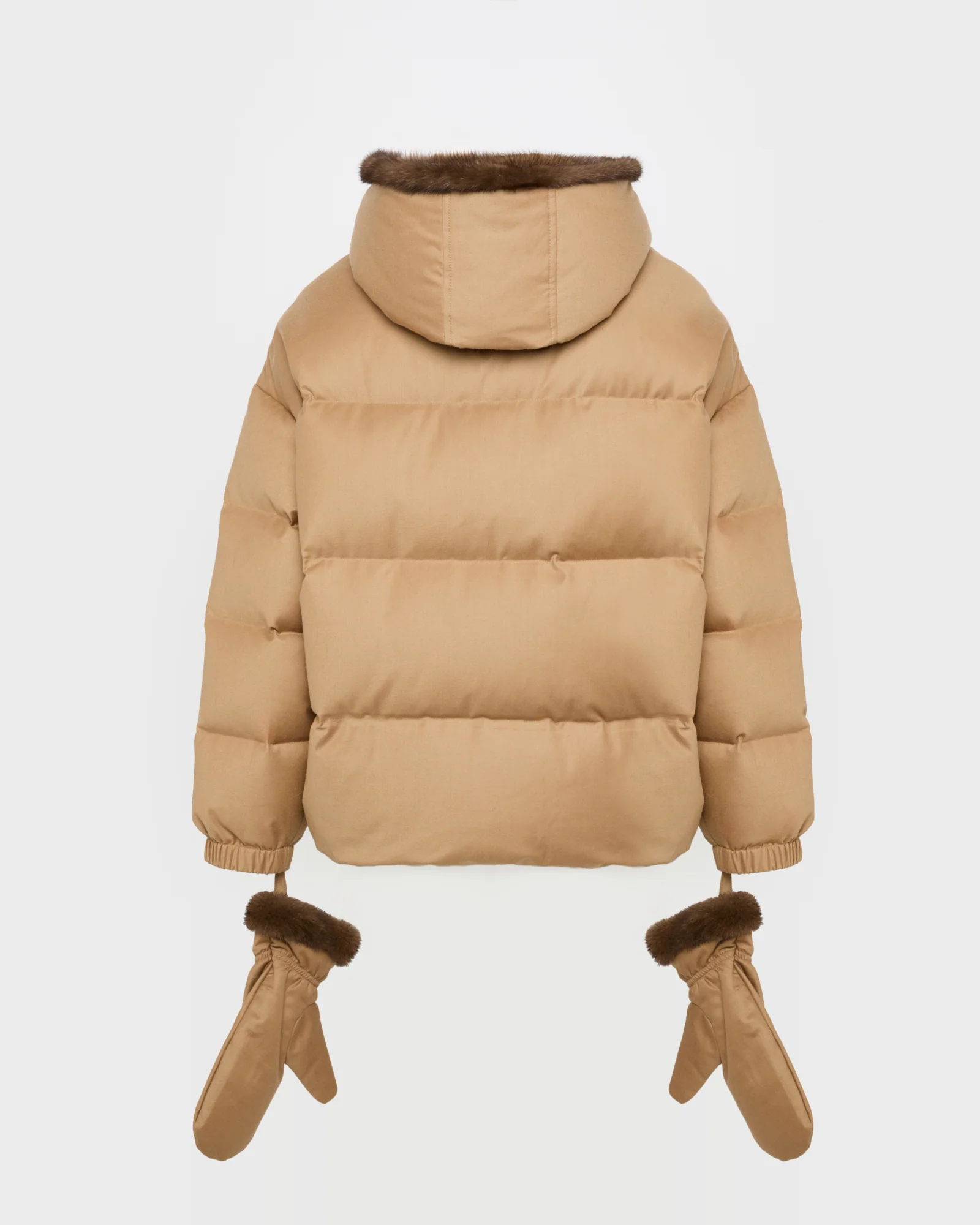 Short hooded down jacket with mink fur inner hood and removable mittens - Image 5