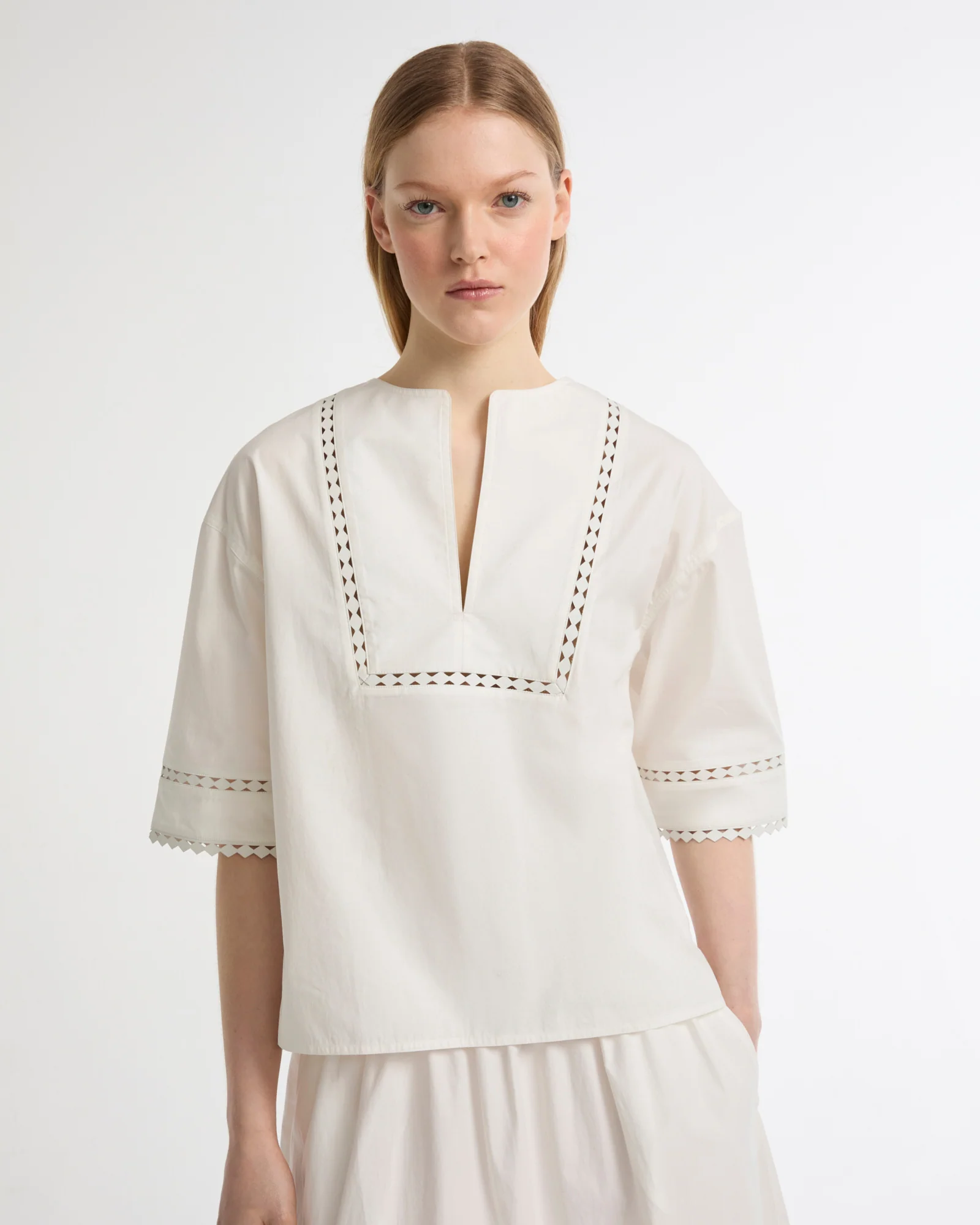 Short sleeve poplin blouse with leather details - Image 3