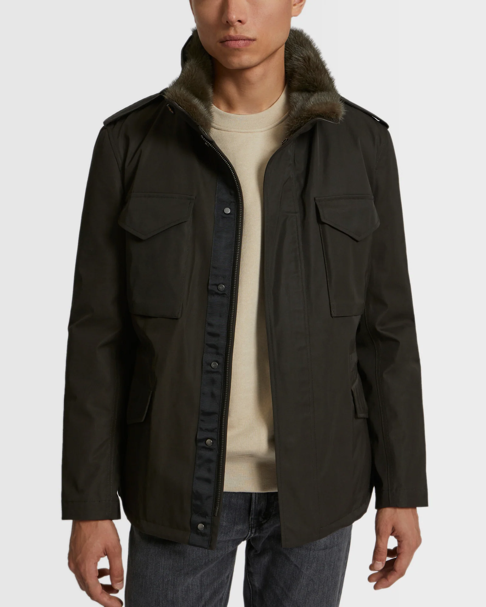 Technical Waterproof Gabardine Field Jacket With Mink Fur Collar - Image 3